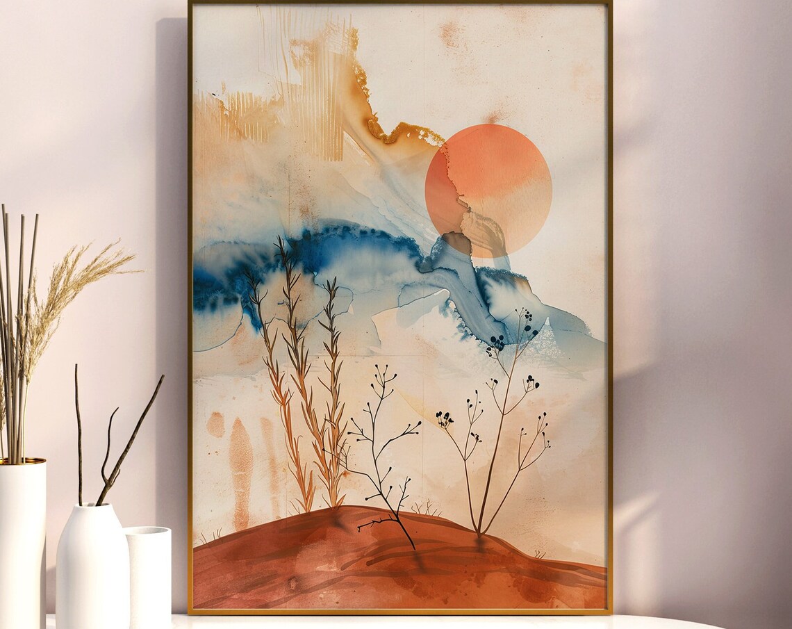 Abstract Sunset Watercolor Orange Sun Desert Hill Art Poster - Image 4