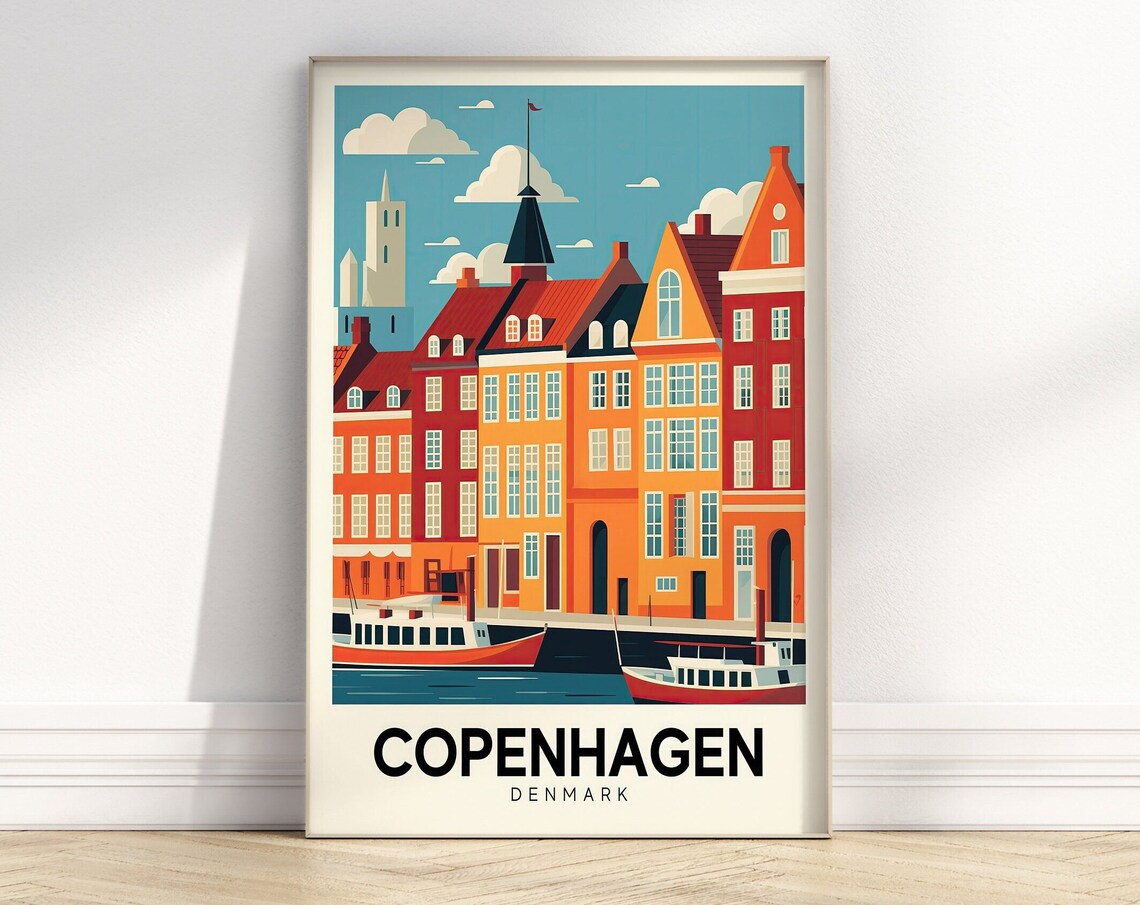 Copenhagen Denmark Retro Nyhavn Harbor Boats Colorful Travel Poster