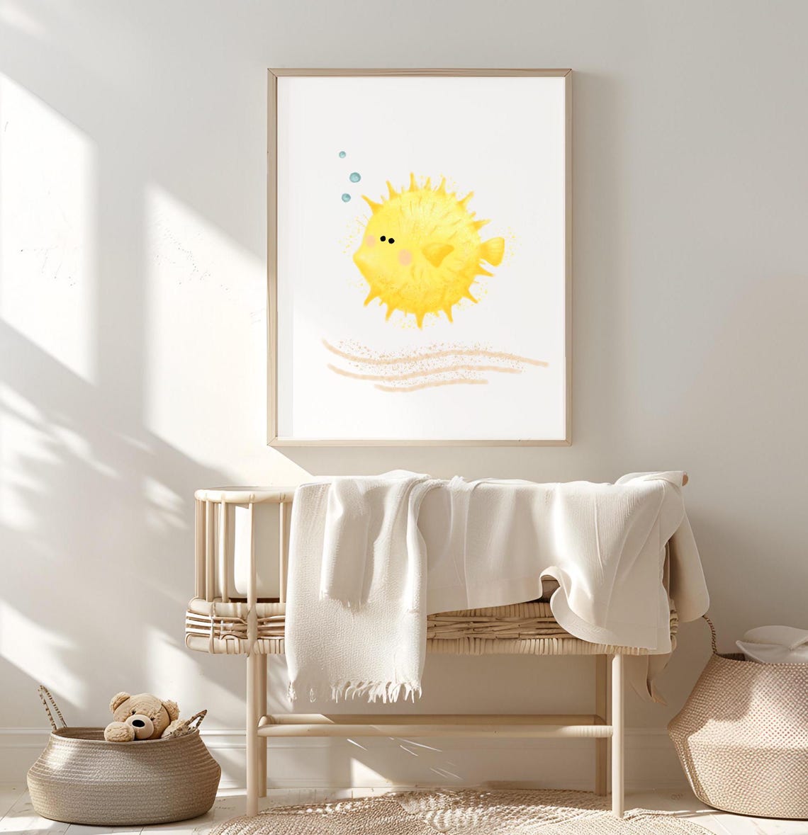 Happy Yellow Pufferfish with Bubbles Ocean Nursery Kids Wall Art - Image 2