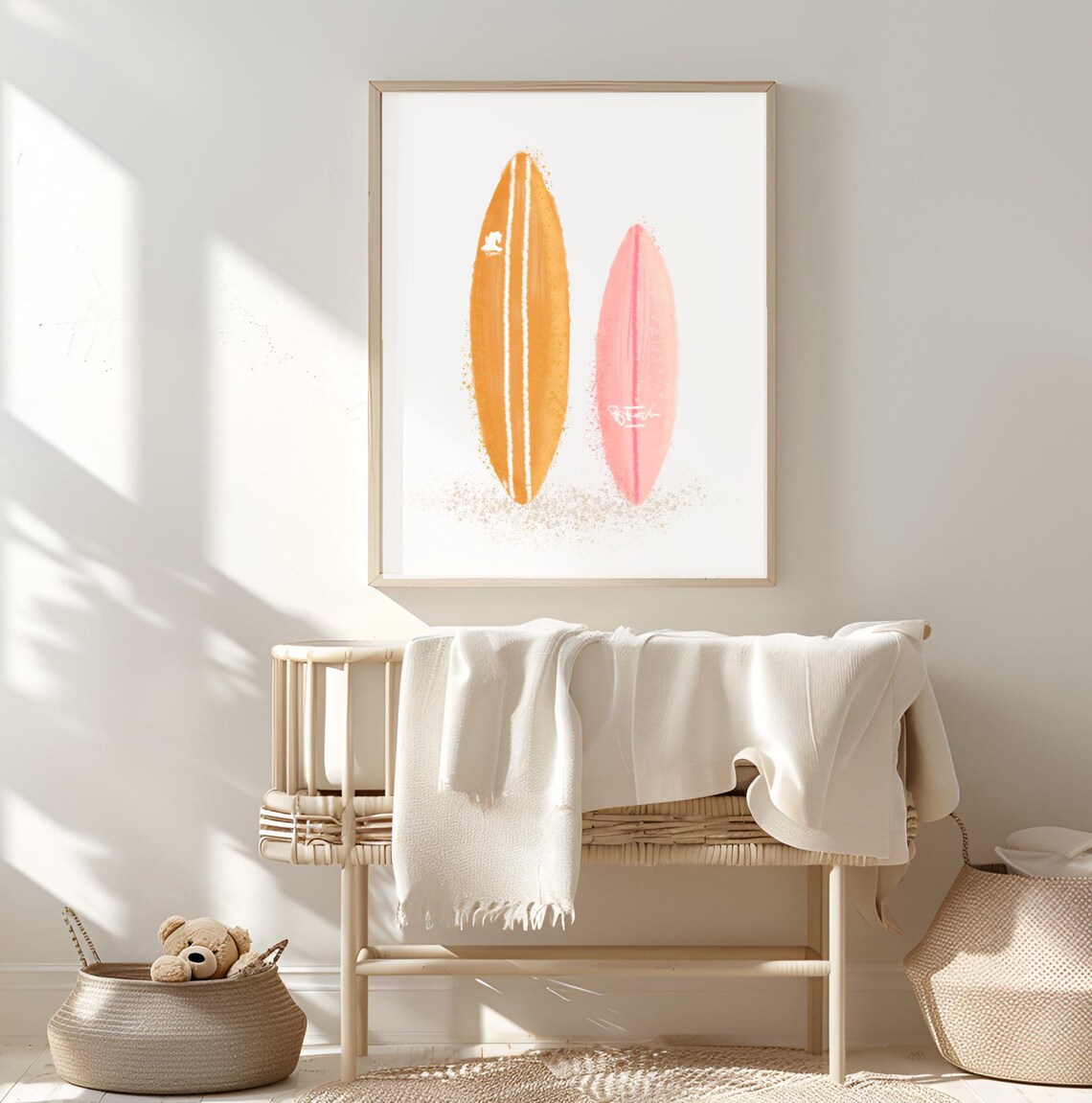 Orange and Pink Surfboards Watercolor Beach Nursery Kids Wall Art - Image 2