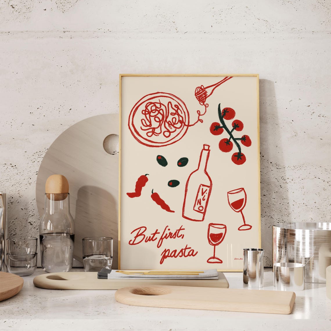 But First Pasta Italian Wine Hand Drawn Kitchen Food Art Poster - Image 4