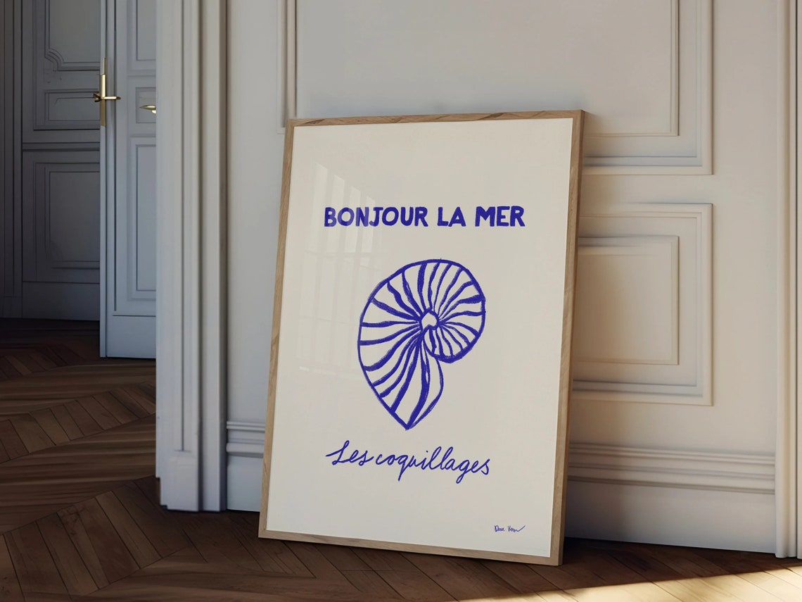 Bonjour La Mer Nautilus Shell Blue French Coastal Art Poster