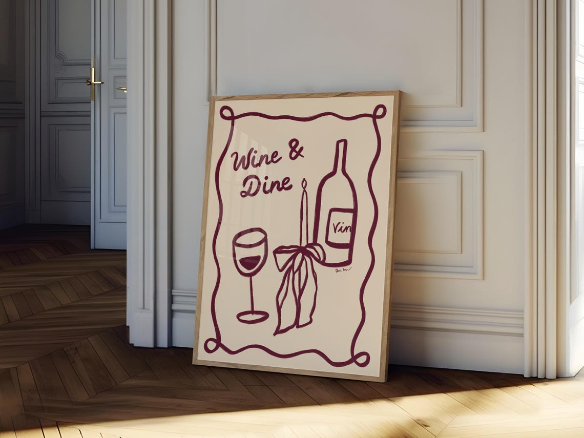 Wine And Dine Pink Squiggle Border Wine Illustration Fun Poster