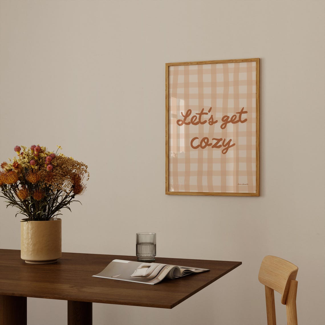 Lets Get Cozy Autumn Gingham Brown Script Fall Quote Art Poster - Image 3