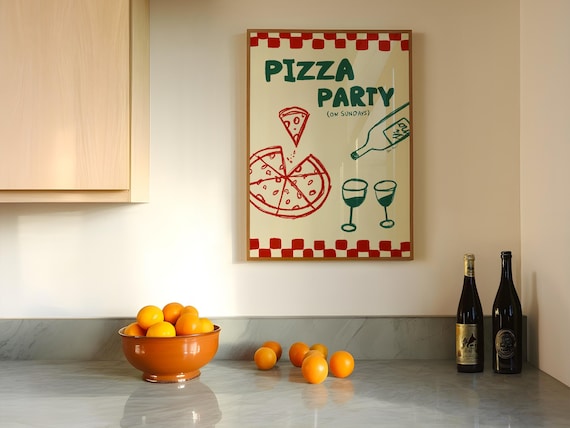 Pizza Party On Sundays Retro Kitchen Food Illustration Poster