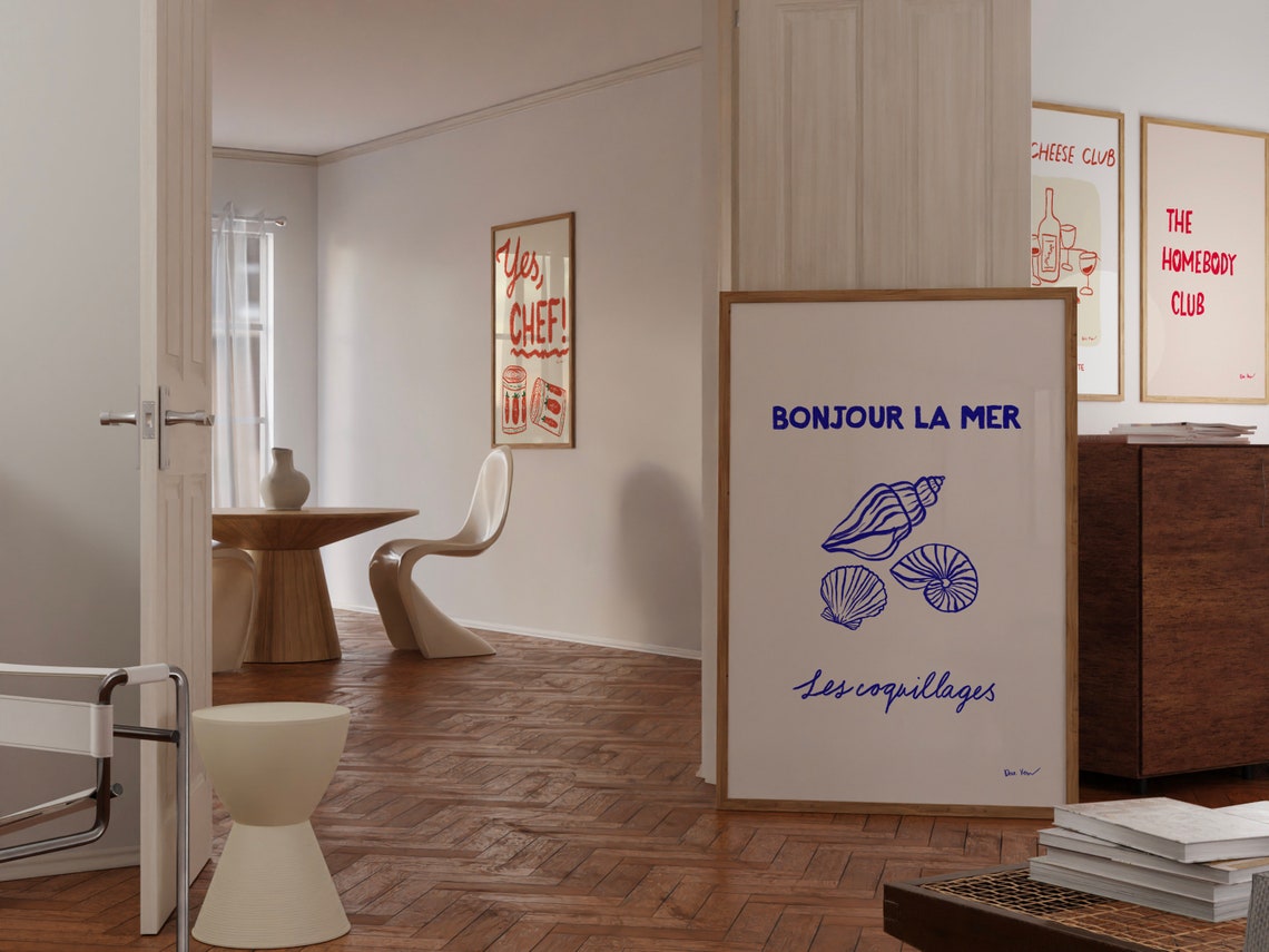 Bonjour La Mer Blue Seashell Line Art French Coastal Chic Poster - Image 2