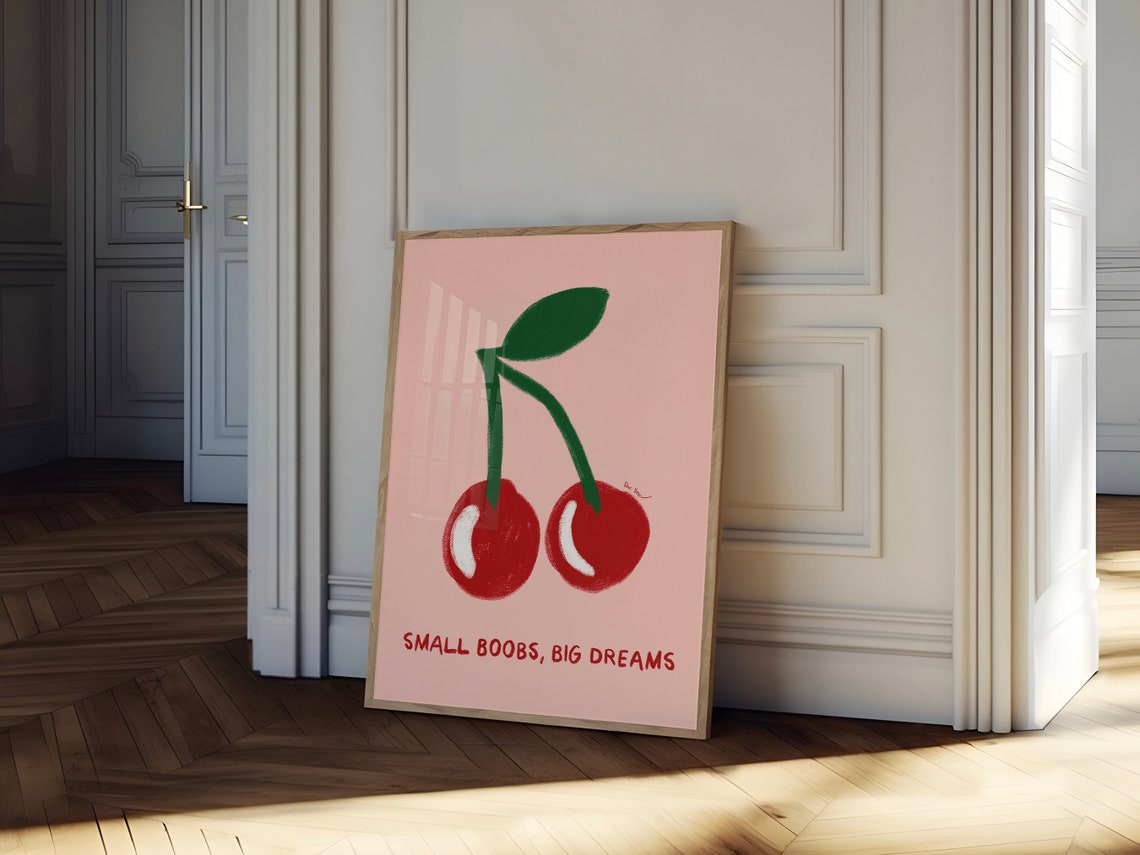 Small Boobs Big Dreams Juicy Cherry Pink Feminist Art Poster - Image 3