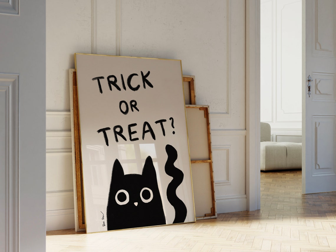 Trick Or Treat Black Cat Cute Halloween Typography Art Poster - Image 4