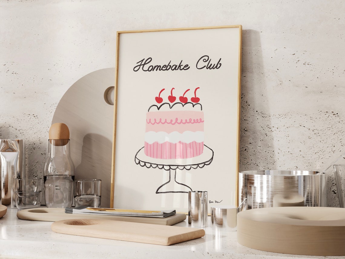 Cute Homebake Club Pink Cherry Cake Sweet Baking Kitchen Poster - Image 2