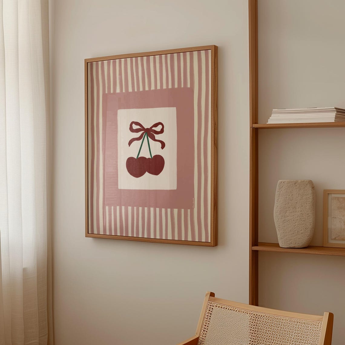 Cherry Bow Pink Striped Coquette Kitchen Sweet Fruit Art Poster
