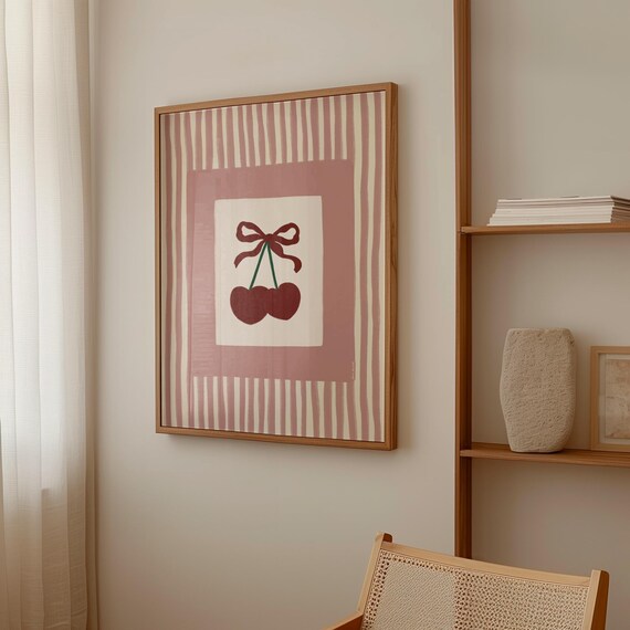 Cherry With Bow Wall Art Coquette Bow Print Coquette Girly Wall Art Trendy Dorm Decor Pink Preppy Poster Ma Cherie Bedroom Print