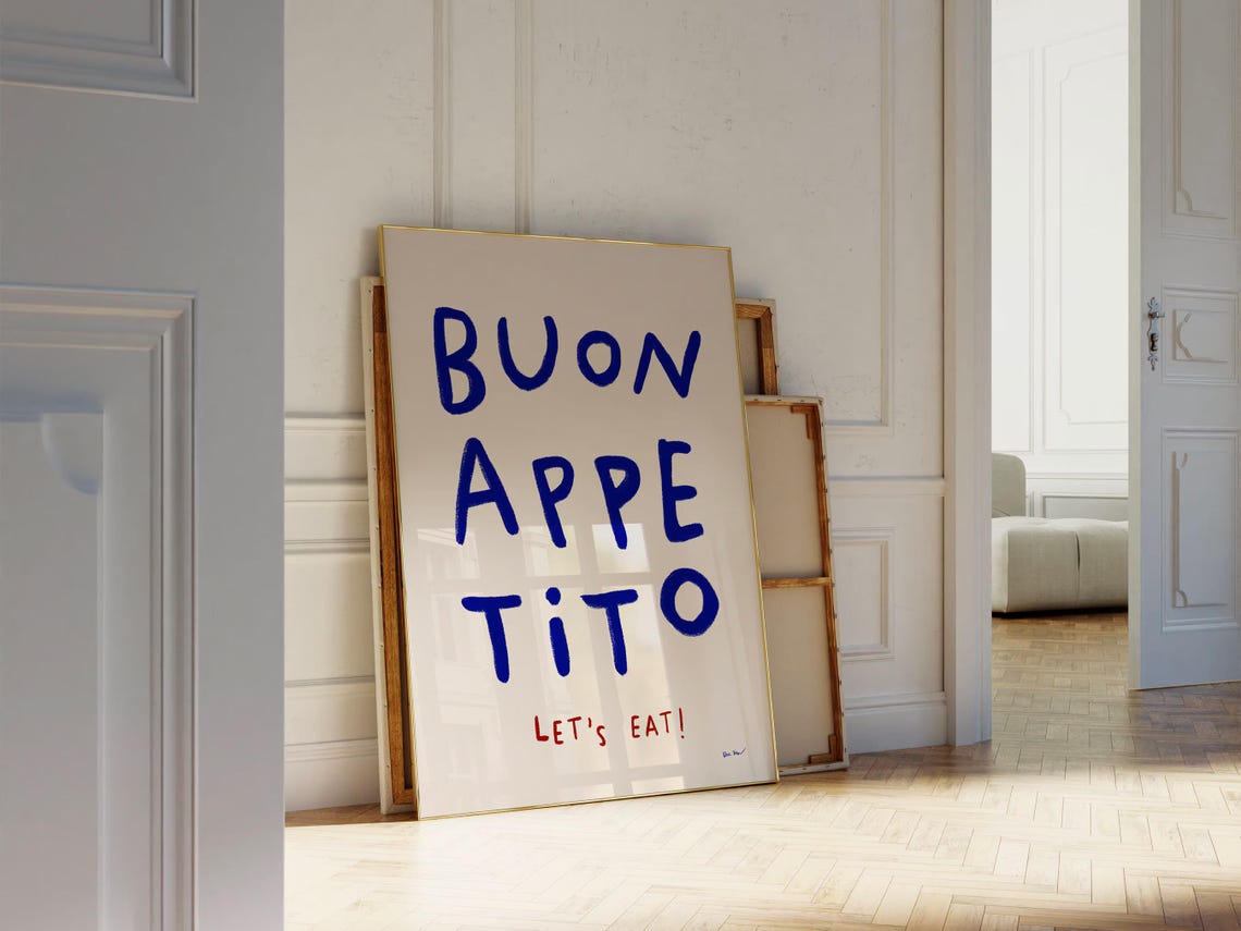 Buon Appetito Lets Eat Hand Lettered Blue Italian Kitchen Poster