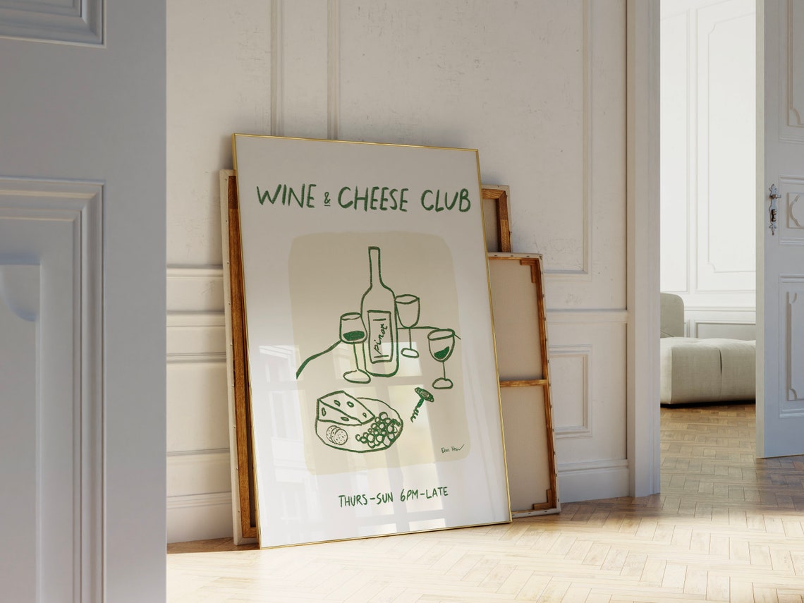 Wine and Cheese Club Line Art Pinot Glasses Kitchen Bar Poster - Image 4