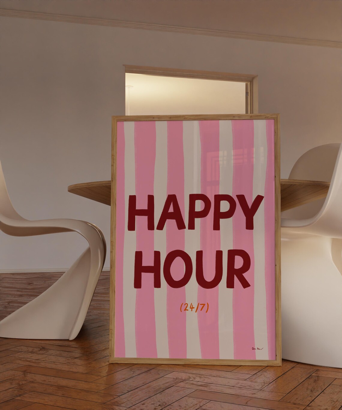 Happy Hour 24/7 Bold Pink Stripes Retro Bar Cart Party Decor Poster - Image 2