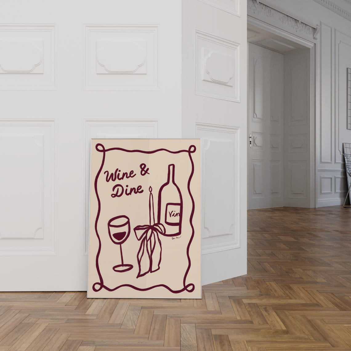 Wine And Dine Pink Squiggle Border Wine Illustration Fun Poster - Image 2