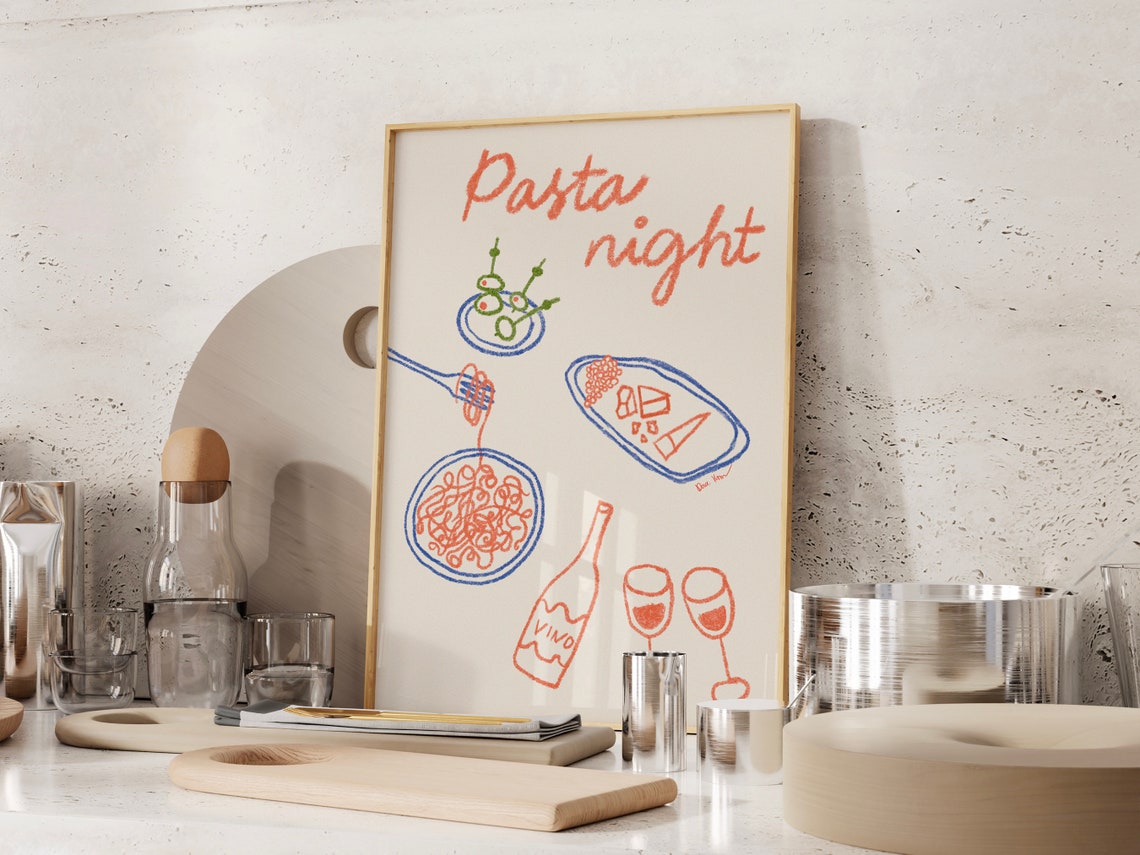 Pasta Night Italian Dinner Hand Drawn Wine Glasses Kitchen Art Poster - Image 2