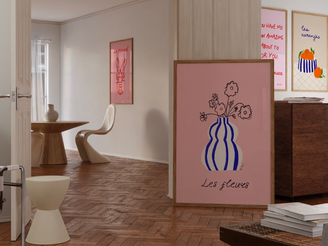 Les Fleurs Pink Striped Vase French Floral Still Life Poster - Image 3