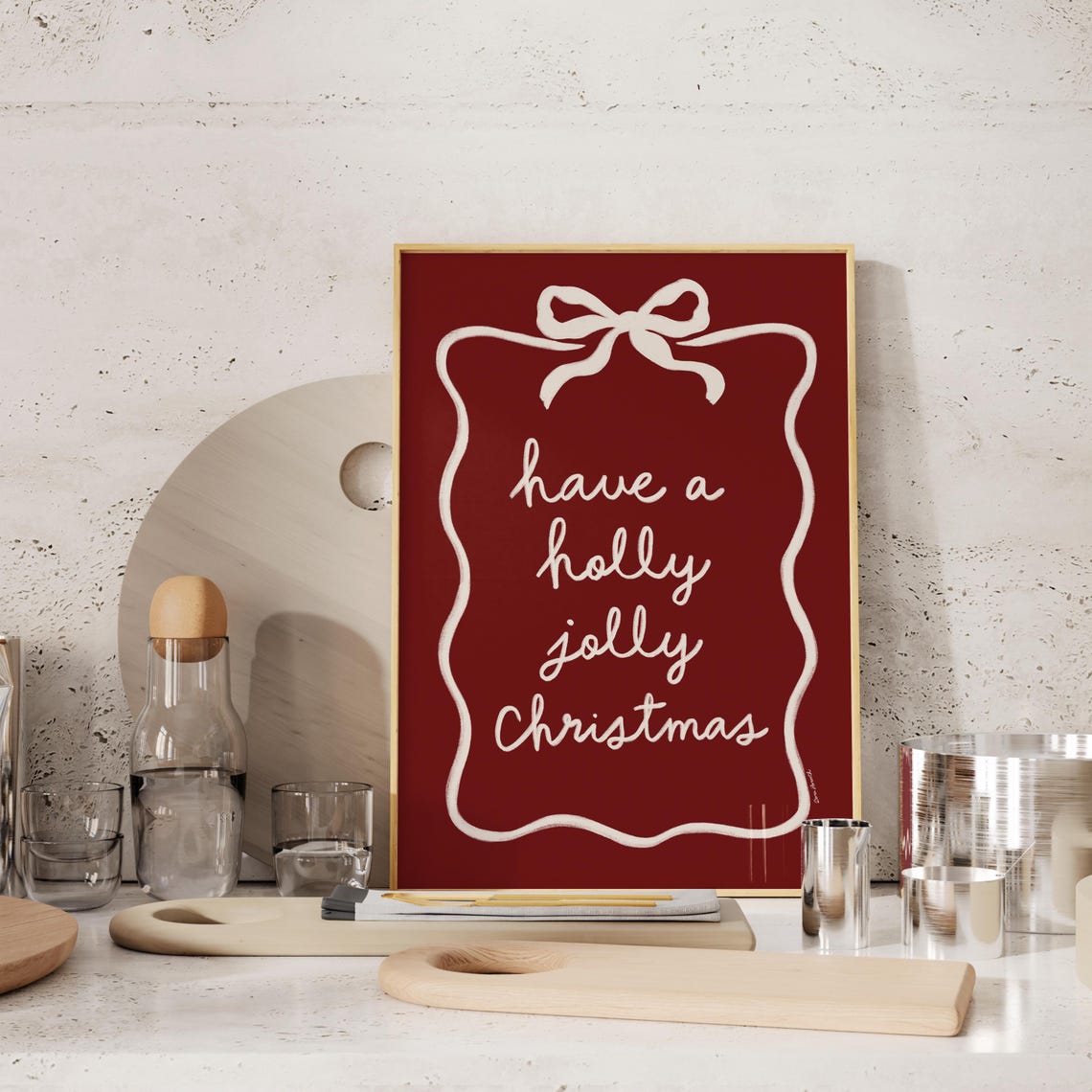 Holly Jolly Christmas Hand Lettered Cream Bow Red Quote Poster - Image 3