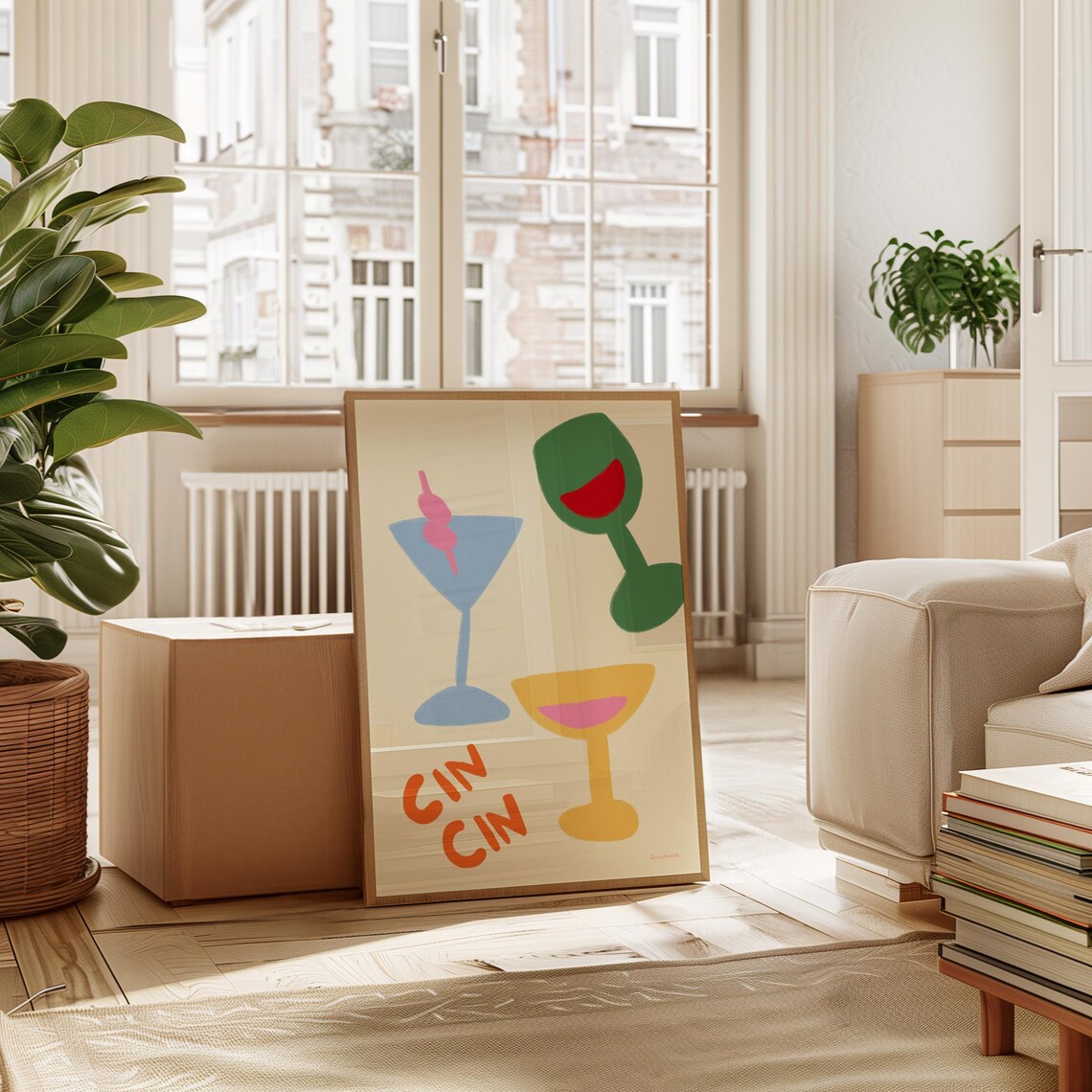 Cin Cin Cocktail Glasses Colorful Abstract Bar Cart Cheers Wall Art - Image 3