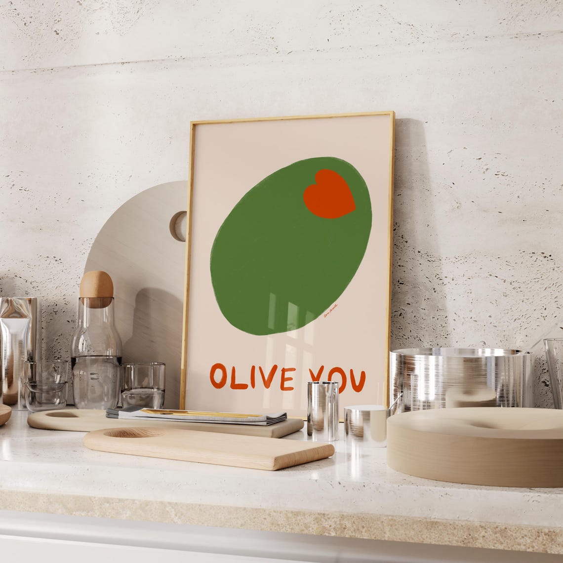 Olive You Cute Green Olive Pun Funny Kitchen Foodie Wall Poster - Image 2