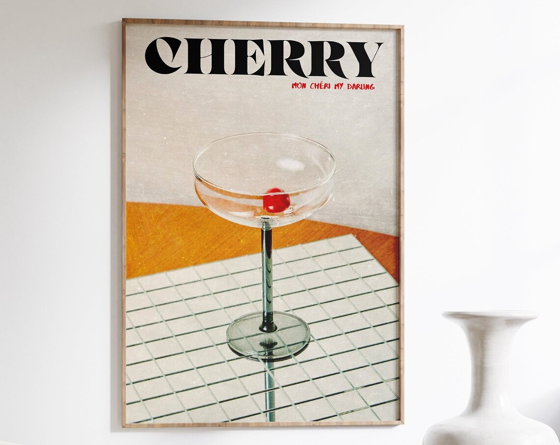 Retro Cherry Cocktail Art Print, 70s Funky Decor