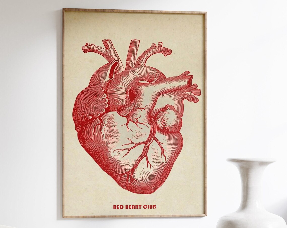 Red Heart Club Vintage Red Anatomical Heart Engraving Poster