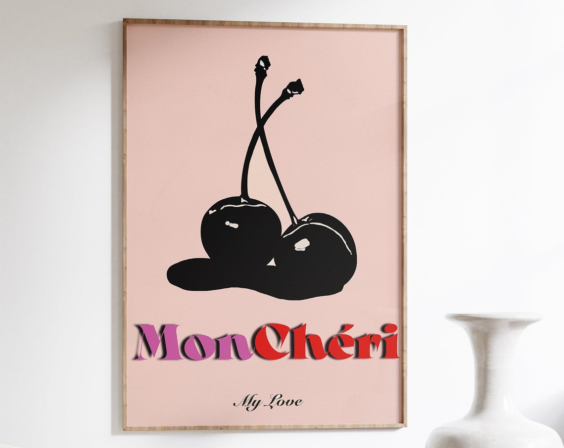 Mon Cheri My Love Black Cherry Retro Pink French Kitchen Art Poster