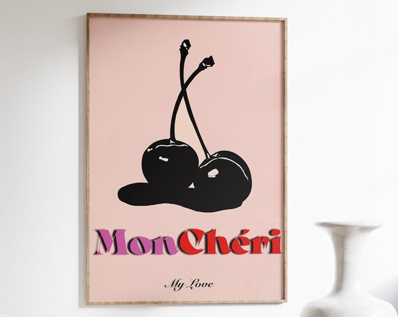 Mon Cheri My Love Black Cherry Retro Pink French Kitchen Art Poster