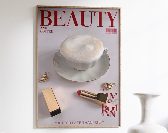 Beauty and Coffee Magazine Style Red Lipstick Latte Art Poster
