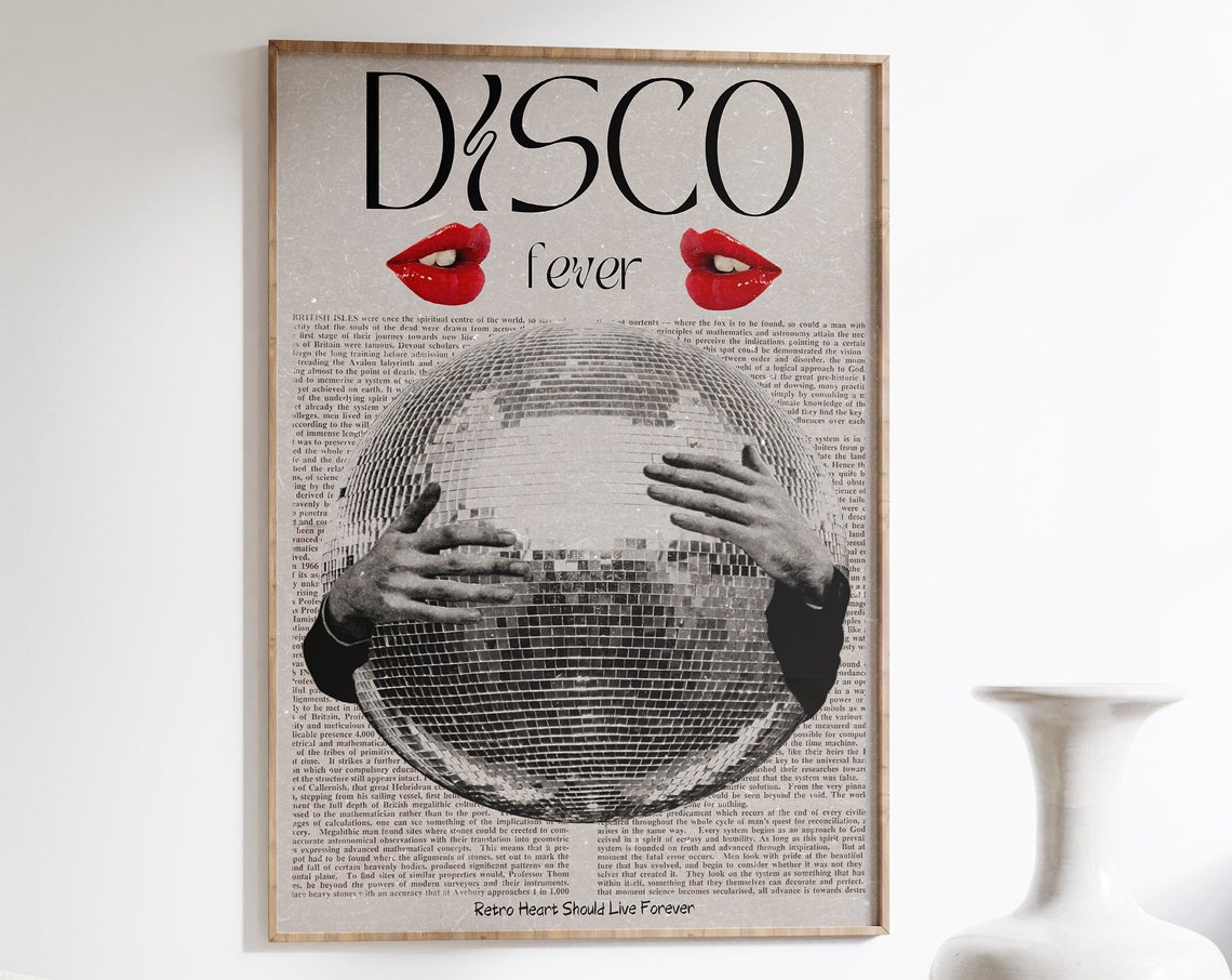 Disco Fever Hands Holding Disco Ball Newspaper Retro Collage Poster