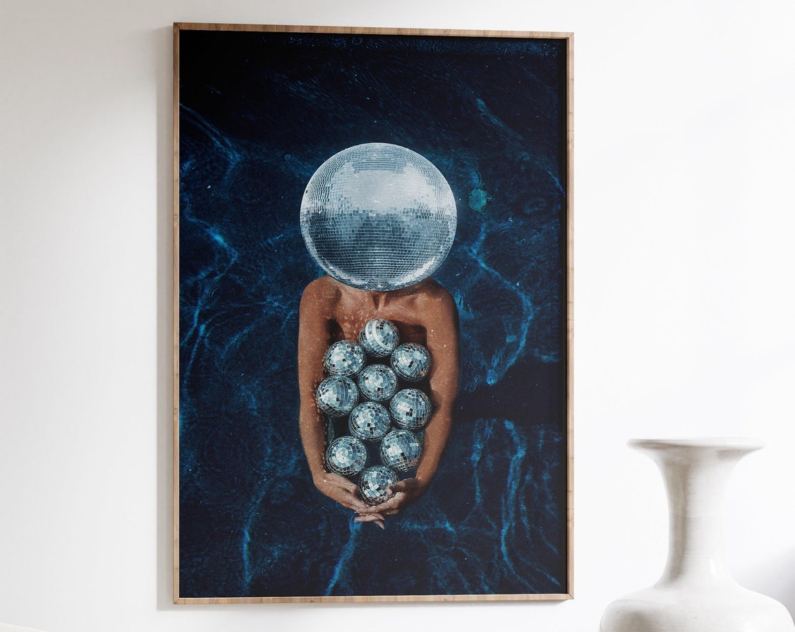 Disco Ball Dancer Dark Pool Water Retro Surreal Photography Poster