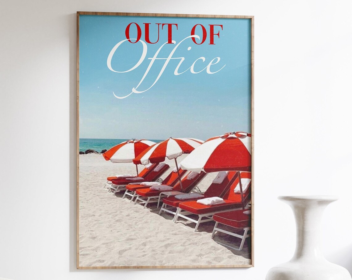 Out of Office Sunny Beach Day Red Umbrellas Summer Travel Poster
