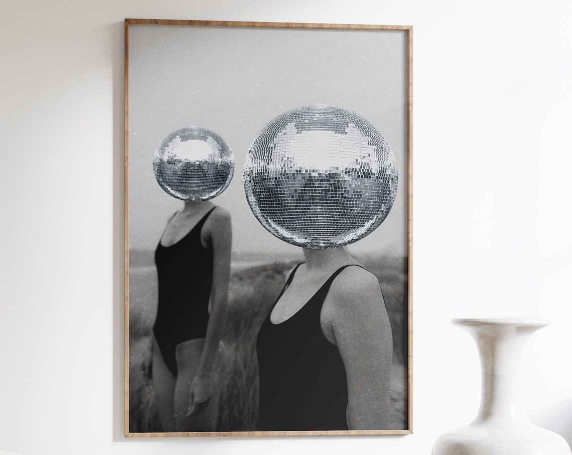 Black And White Disco Ball Head Women Surreal Art Poster Photo