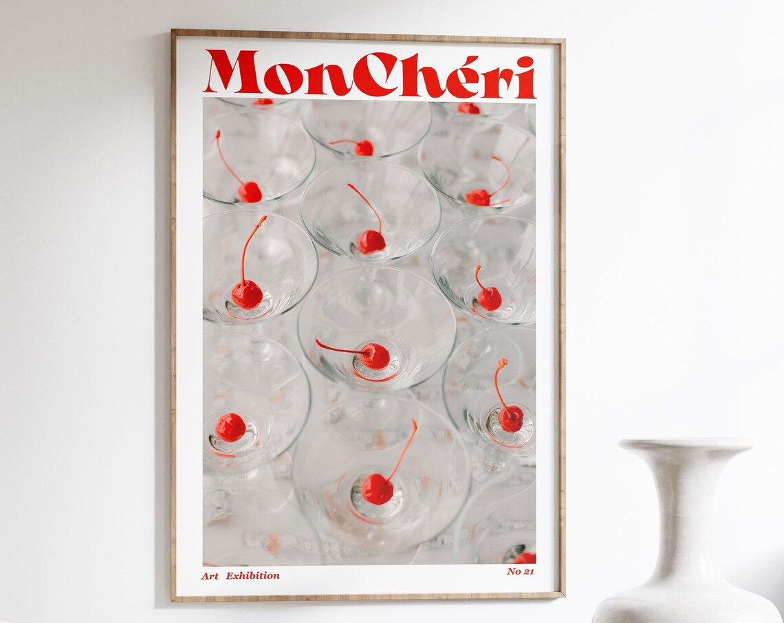 Mon Cheri Cocktail Cherry Glasses Red Vintage Art Exhibition Poster