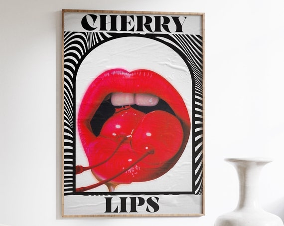 Retro Cherry Lips Poster 70s Psychedelic Wall Art