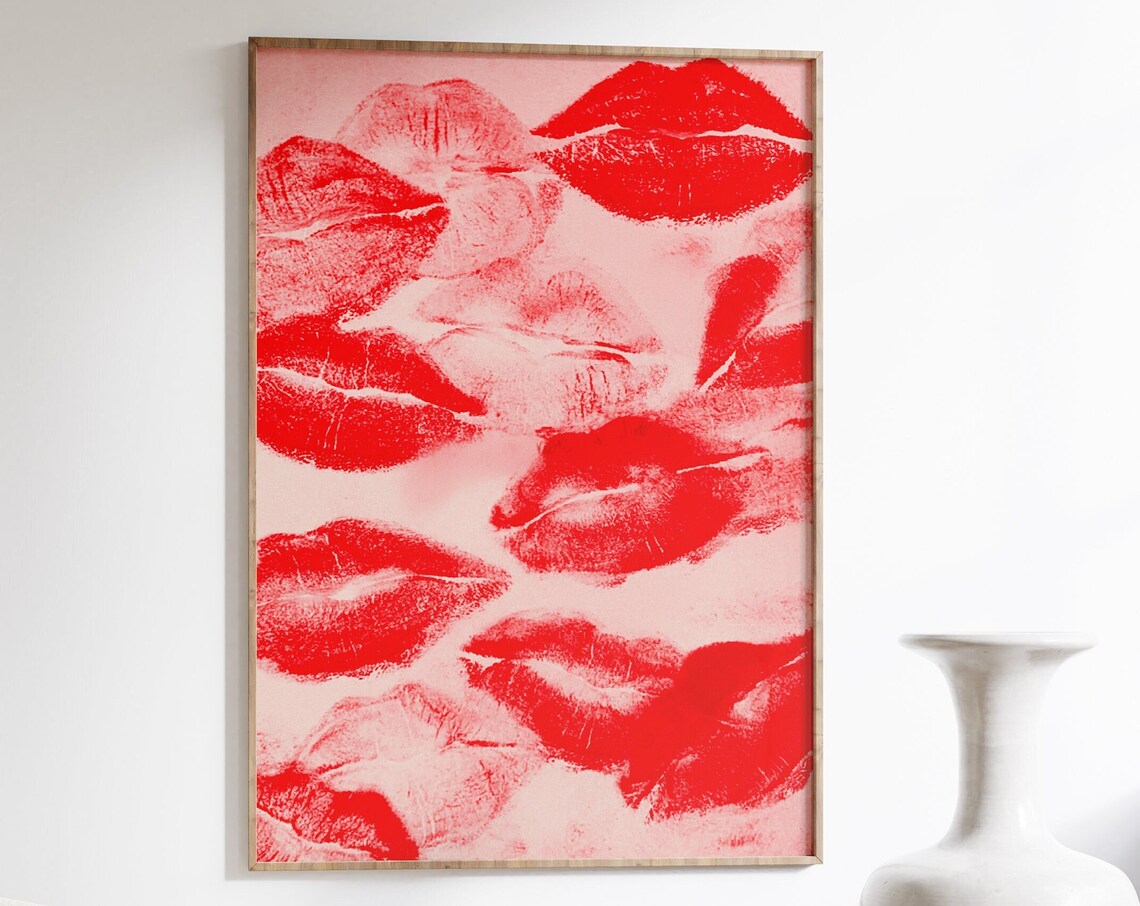 Red Lipstick Kiss Prints on Blush Pink Pop Art Fashion Flirty Poster