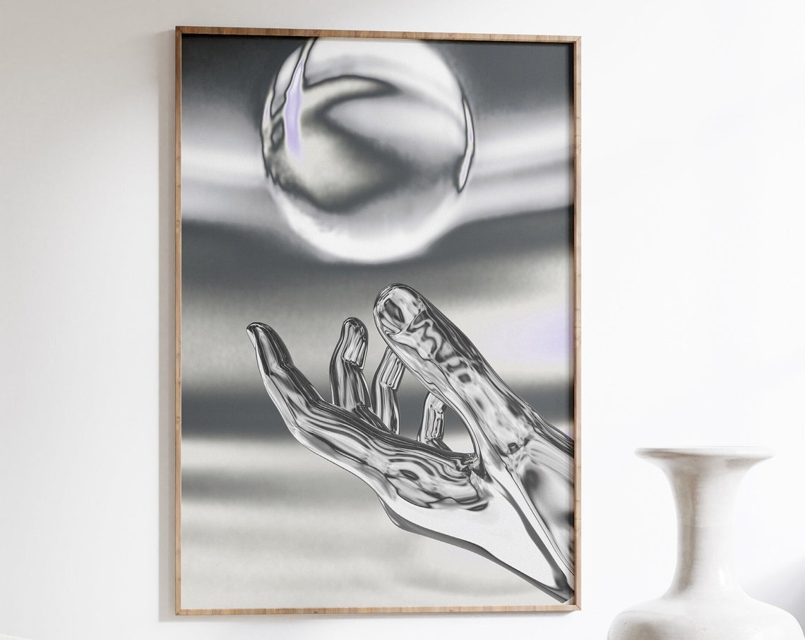 Chrome Liquid Metal Hand Reaching Sphere Monochrome Abstract Poster