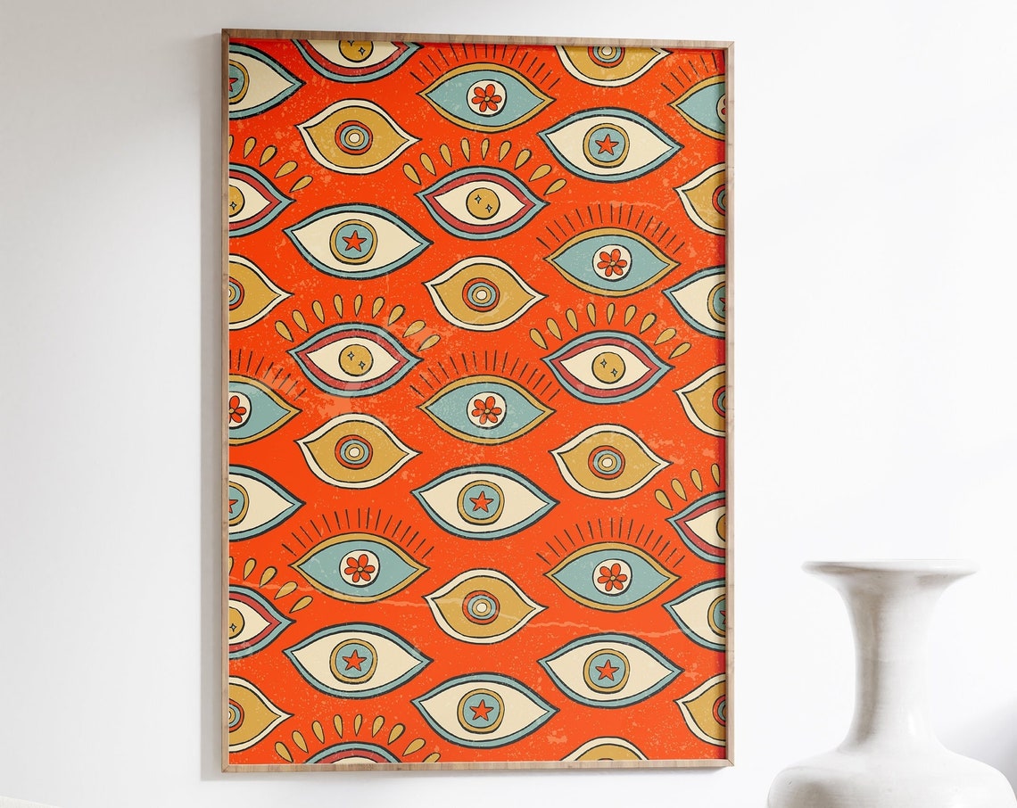 Retro Evil Eye Pattern 70s Bohemian Good Luck Charm Wall Art