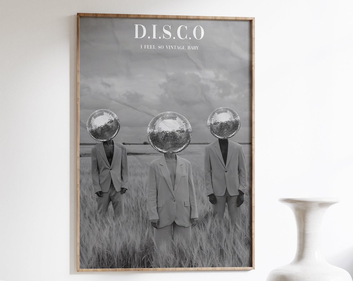 Disco Ball Heads Three Suits Wheat Field Vintage Surreal Poster