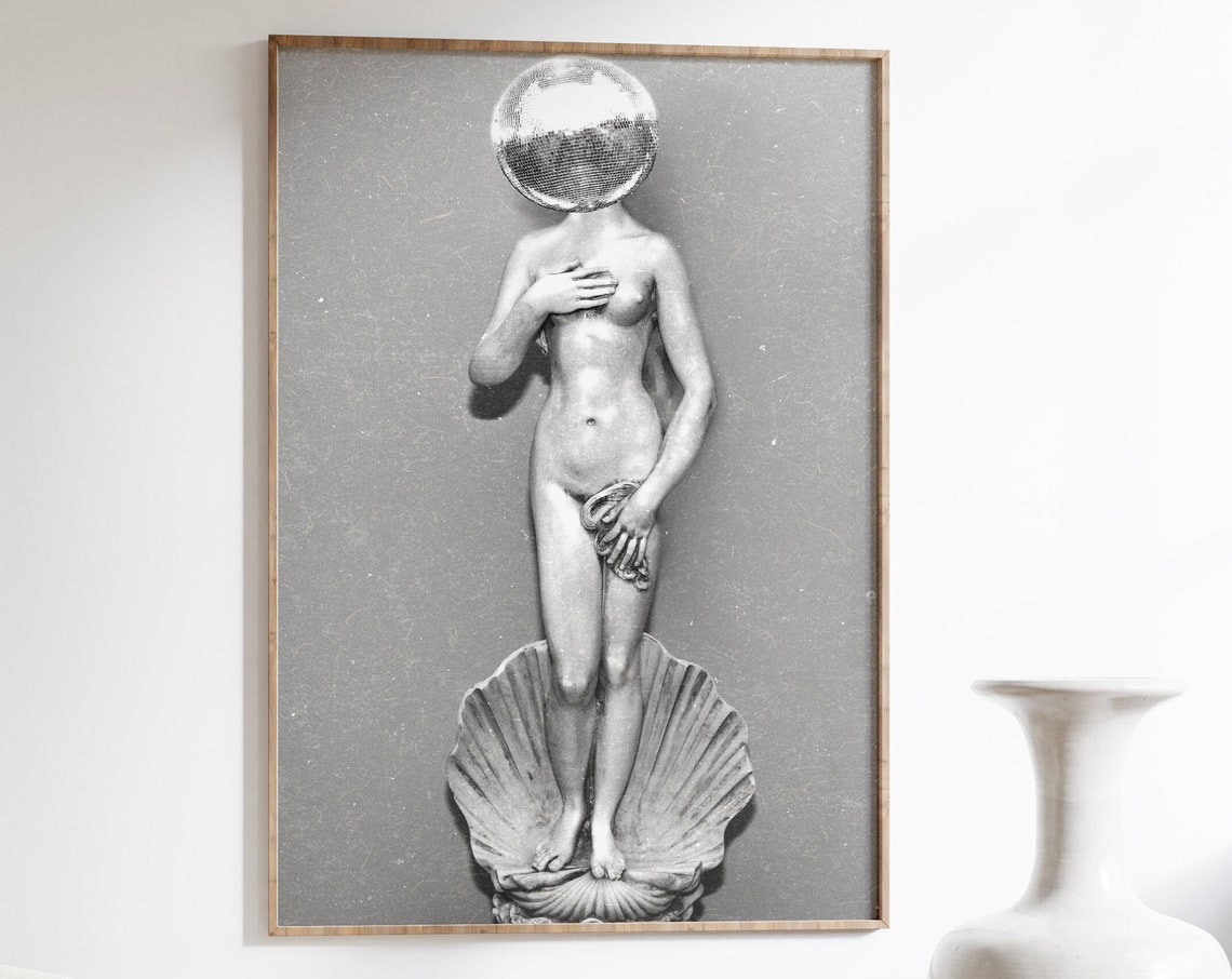 Surreal Mirrorball Venus Statue Black and White Disco Poster