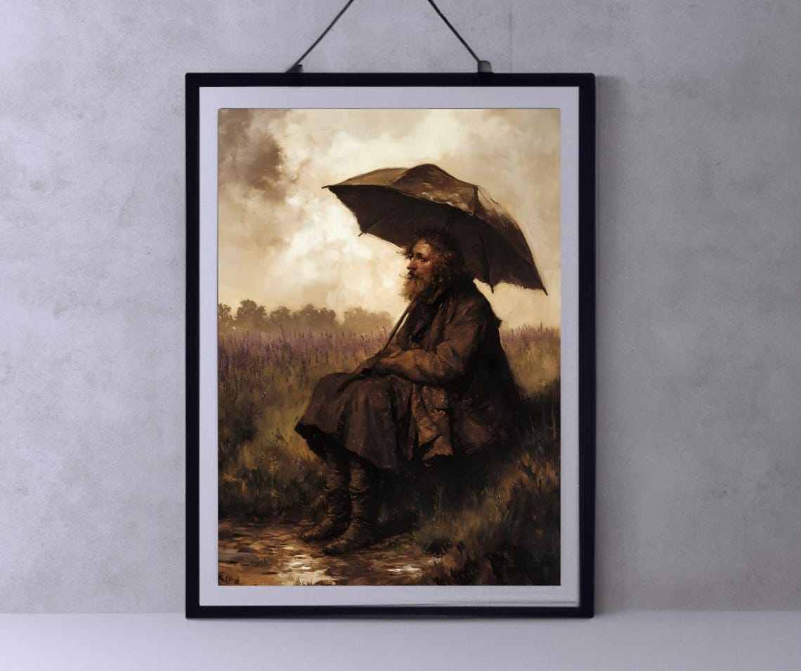 Rustic Man With Umbrella Art Moody Landscape Painting Emotional Wall Decor Instant Png File