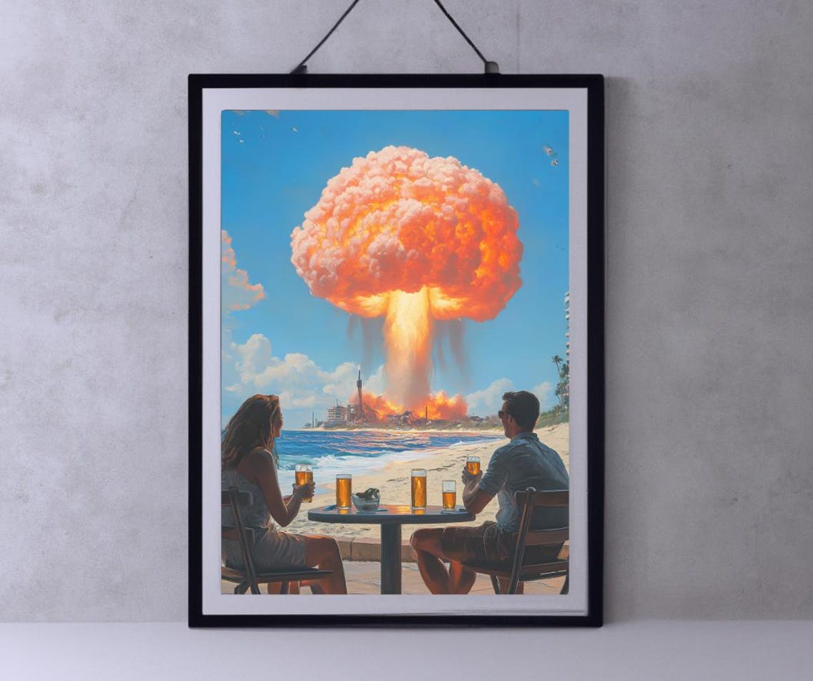 Retro Couple Drinking Beer While a Mushroom Cloud Rises Art Poster