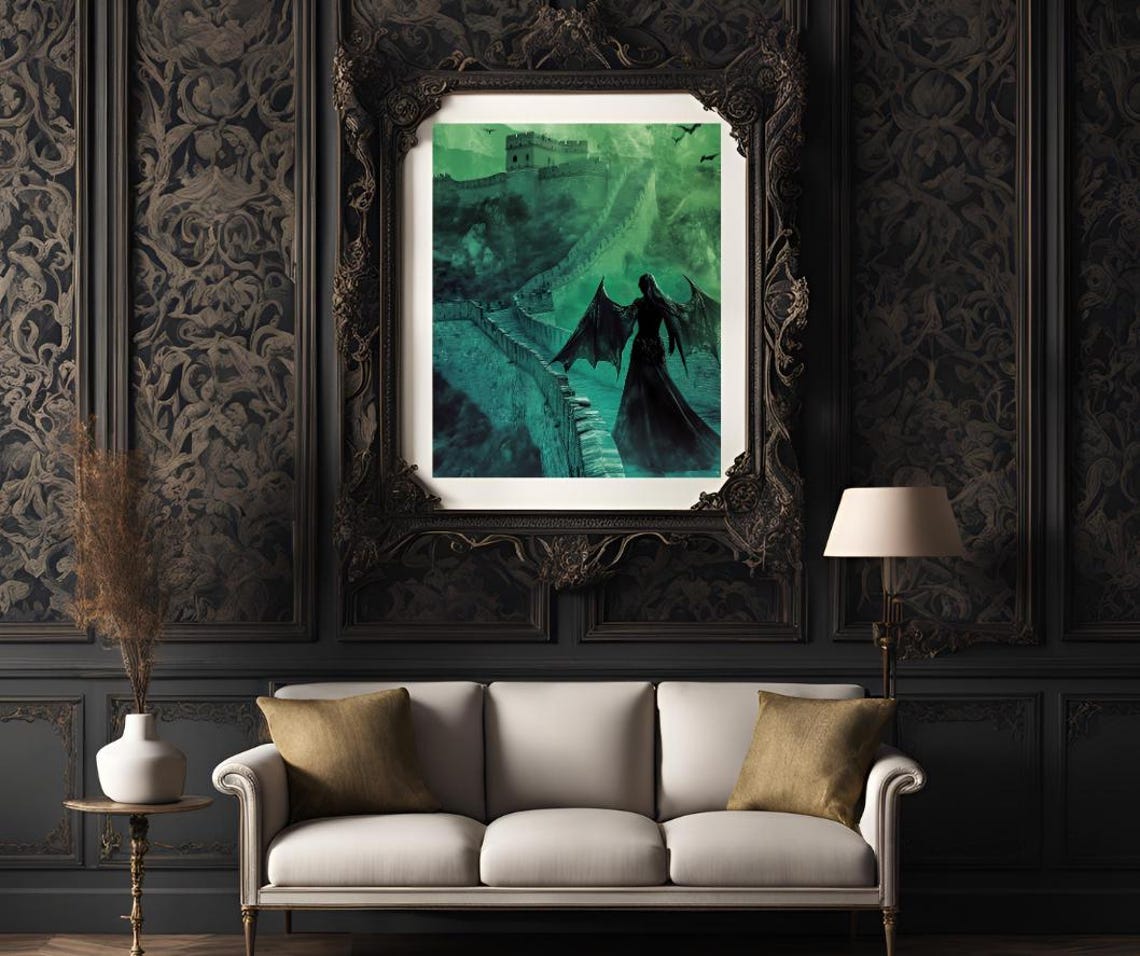 Dark Fantasy Wall Art Gothic Woman On Great Wall Mysterious Green Atmosphere Gift For Fantasy Lovers - Image 3