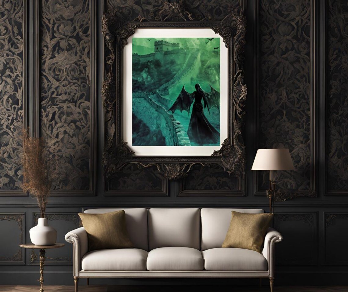 Dark Gothic Woman Great Wall China Emerald Green Fantasy Art Poster - Image 3