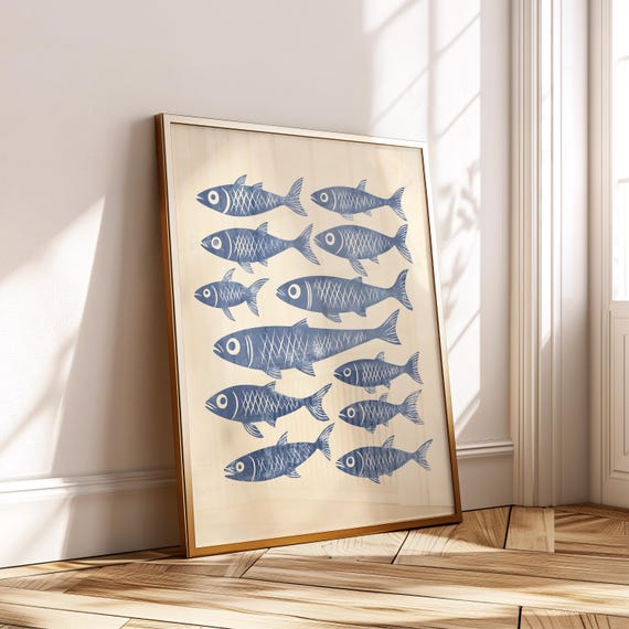 Retro Blue Fish Poster Minimalist Seafood Wall Art Vintage Kitchen Nautical Coastal Decor Print