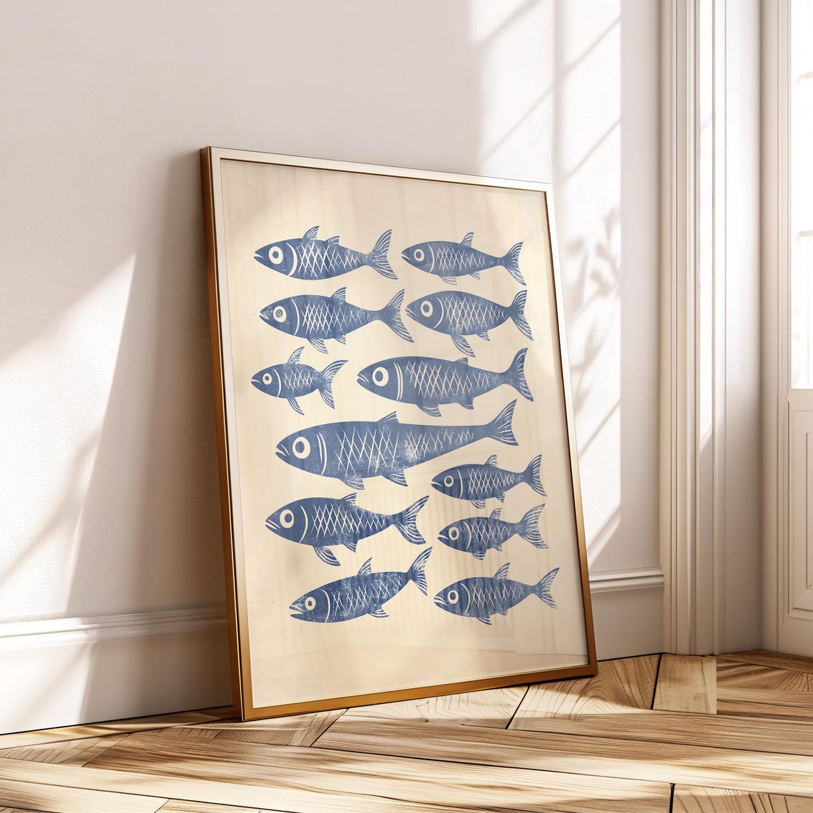 Navy Blue Fish School Minimalist Linocut Style Kitchen Decor Poster
