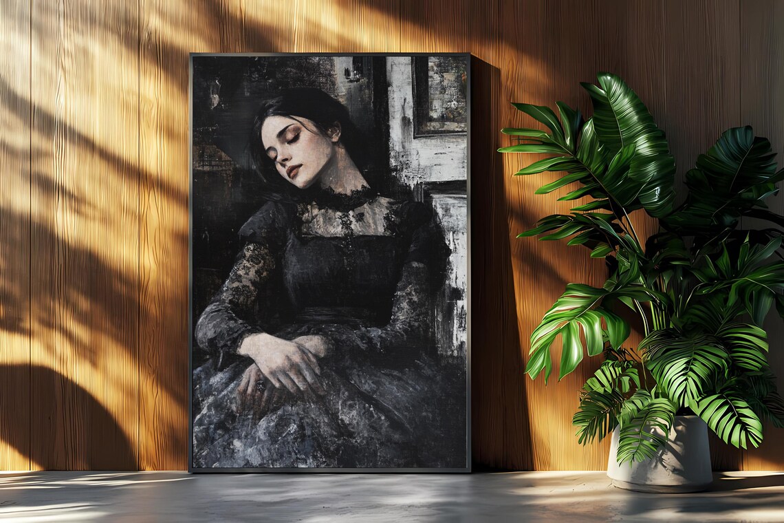 Elegant Woman Black Dress Gothic Resting Moody Victorian Art Poster - Image 4