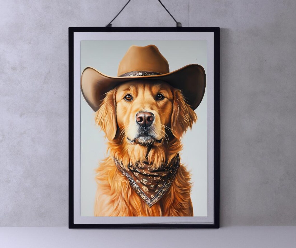 Dog With Cowgirl Hat Art Print, Vintage Western Decor