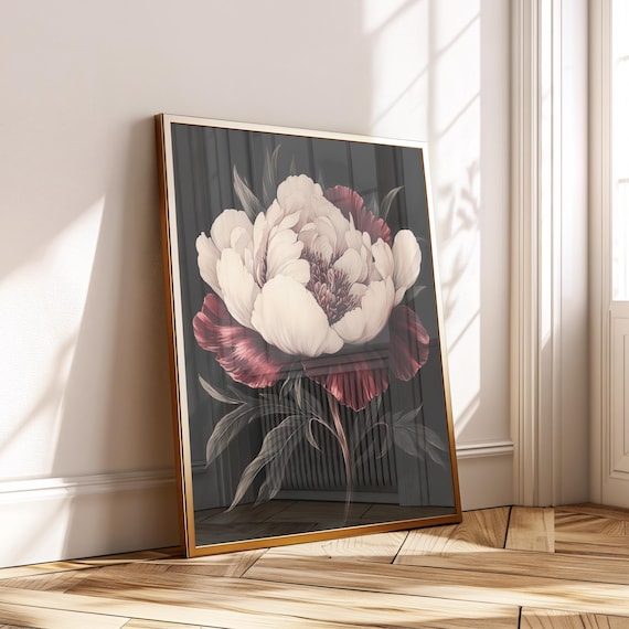 Moody White And Burgundy Peony Dark Floral Botanical Vintage Wall Art