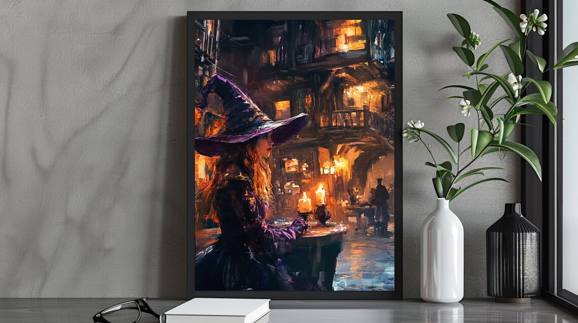 Magical Cozy Witch In Purple Hat At Candlelit Tavern Warm Witchy Art Poster